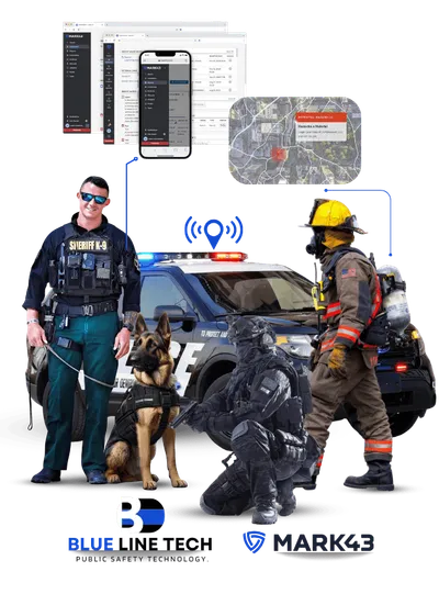 Officers, K-9, firefighter and patrol car with Mark43